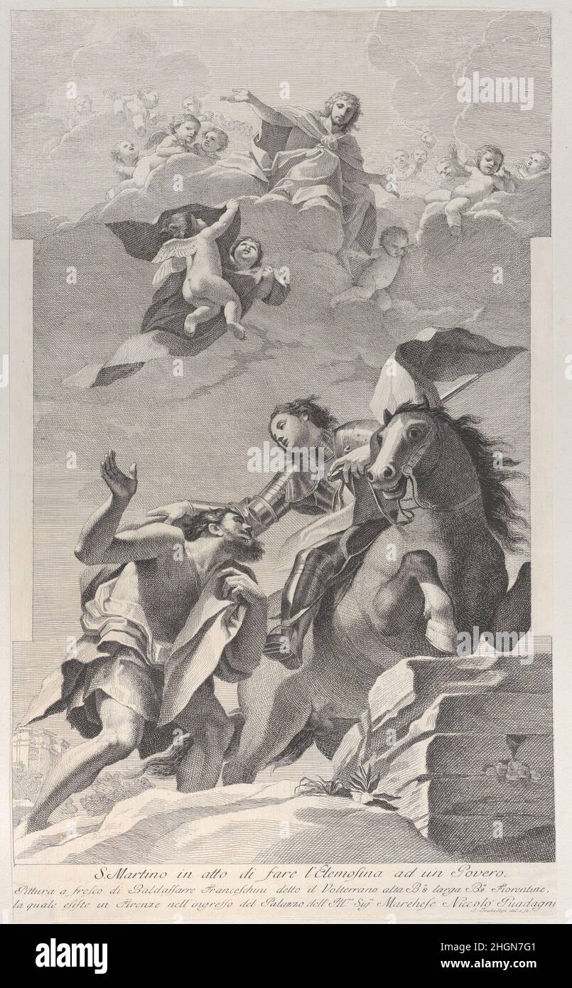 Saint Martin, à cheval, donnant son manteau à un mendiant, anges au-dessus 1760–1800 Giuliano Traballesi.Saint Martin, à cheval, donnant son manteau à un mendiant, anges au-dessus.Après Baldassarre Franceschini (il Volterrano) (Italien, Volterra 1611–1690 Florence).1760–1800.Gravure.Imprime Banque D'Images