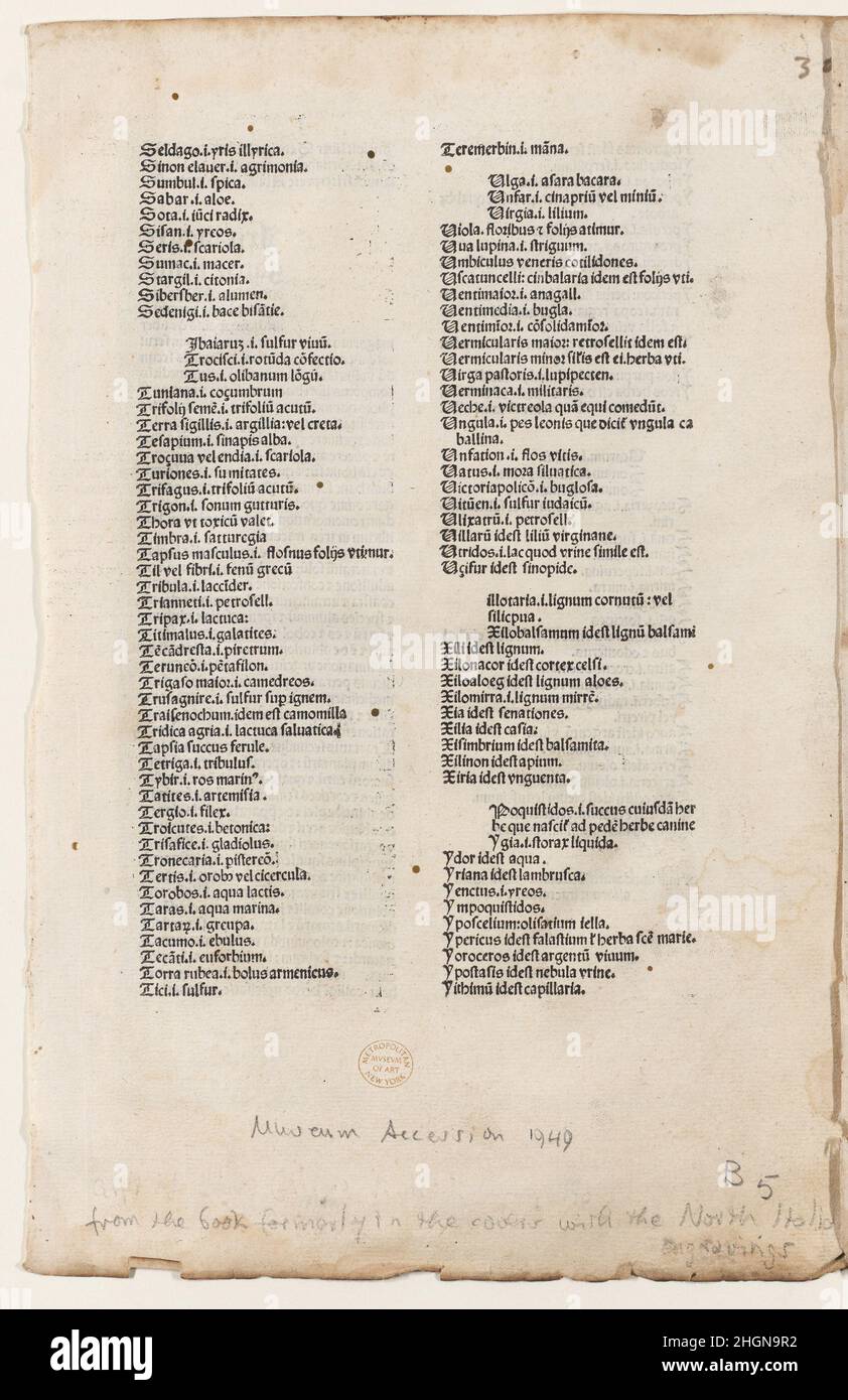 Un paysan allant sur le marché 1470–1480 Anonyme, Italien, 15th siècle la première des deux gravures collées à des papiers de fin de vellum à l'intérieur (maintenant séparés) couvre un livre latin de médecine du XV siècle, l'Antidotarium Nicolai (éditions, 1471, 1478/9 etc).Deux folios de texte du livre (recto et verso imprimés) sont désormais montés séparément.Les planches en bois sont recouvertes de cuir brun estampé, de boss en métal et de fermoirs usés.Hind note que ces tirages sont Ferrarese ou Paduan.Les deux feuilles ont des « cris et des invectifs » écrits apparemment dans un dialecte vénitien.Un paysan g Banque D'Images