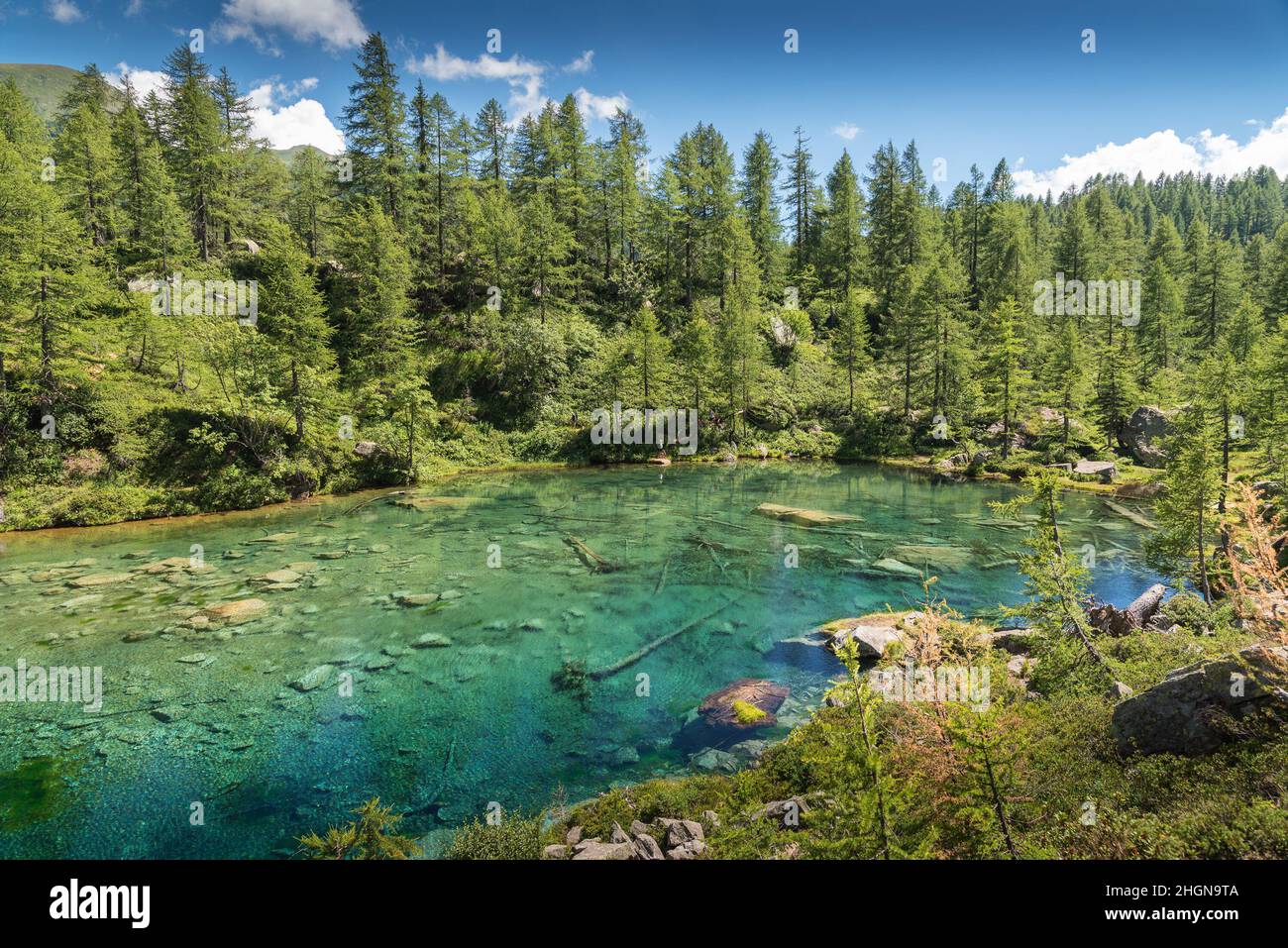 Lac alpin Lago delle Streghe à Alpe Devero Piémont Italie avec arbres et eau claire émeraude Banque D'Images
