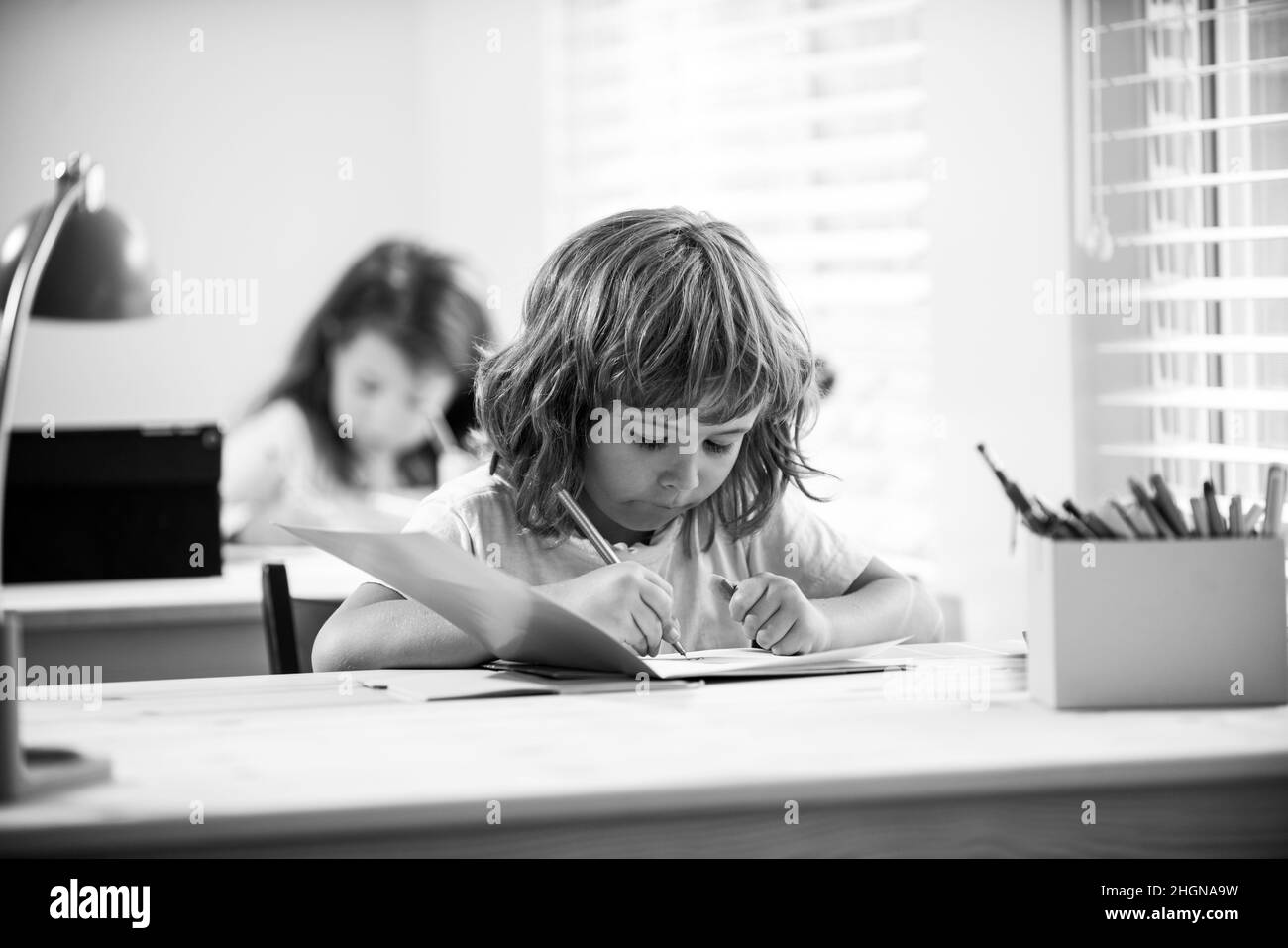 Un écolier et une écolière en classe. Éducation et apprentissage. Banque D'Images