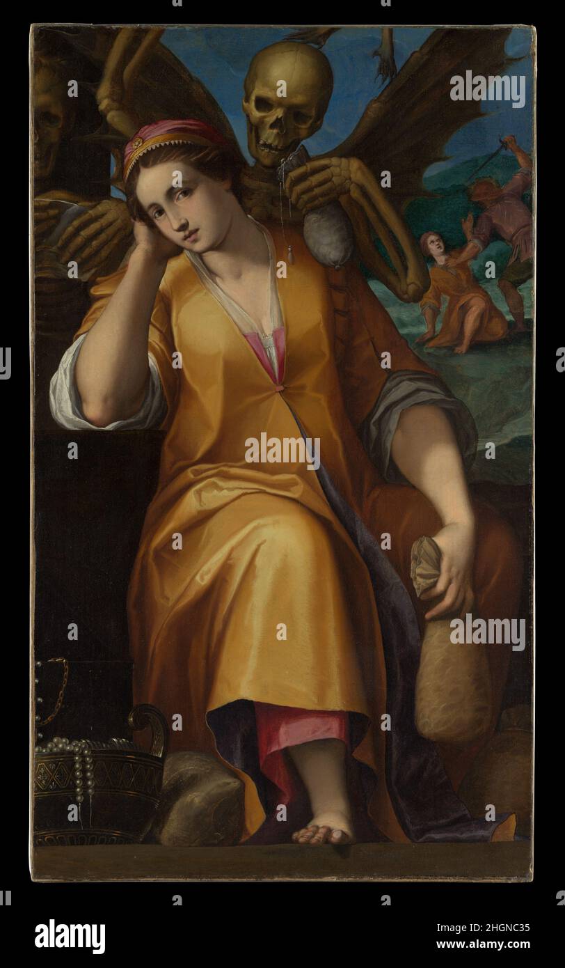 Allégorie de l'avarice Jacopo Ligozzi Italien en 1590 Ligozzi a créé une série de dessins allégoriques élaborés des sept péchés mortels (six existent encore).Ce tableau, qui est un fragment, dépeint les figures centrales de l'allégorie de l'avarice, dont le dessin est dans la Galerie nationale, Washington.Comme décrit dans les livres d'emblème, l'avarice est montrée comme une femme pâle tenant un sac d'argent.Le squelette menaçant suggère que l'artiste a été inspiré aussi bien par d'autres représentations du vice dans la littérature (peut-être Dante) ou les arts visuels.Allégorie de l'avarice.Jacopo Ligozzi (I Banque D'Images