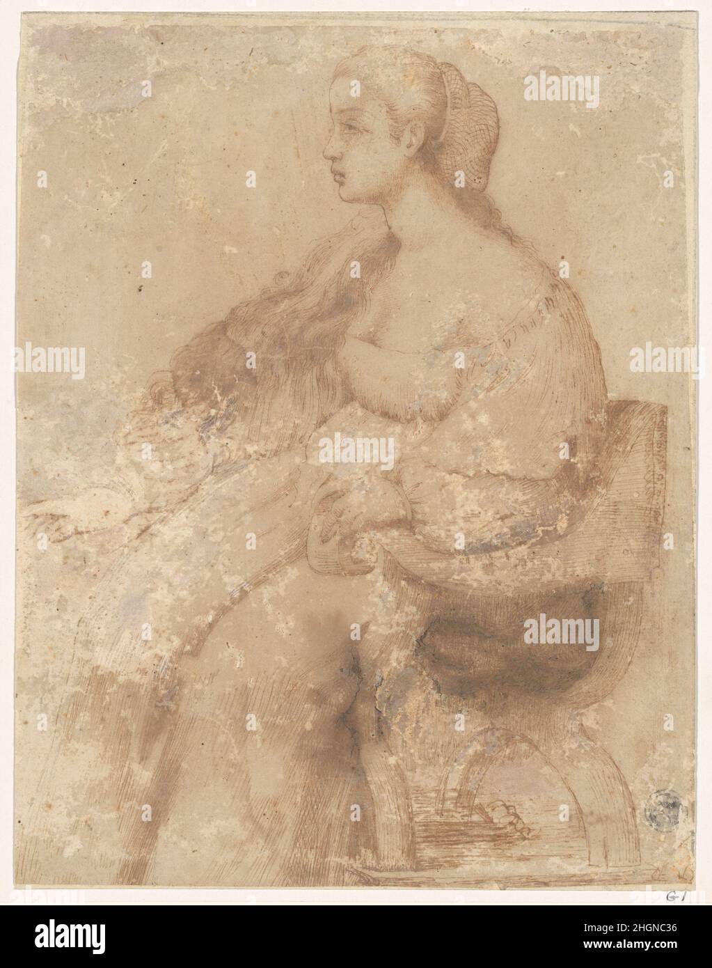 Une jeune femme assise dans une chaise 17th siècle Italie centrale.Une jeune femme assise sur une chaise.Italie centrale (1600-1699).Italien central.17th siècle.Stylo et encre brune sur papier lavé au brun clair.Mises en plan Banque D'Images