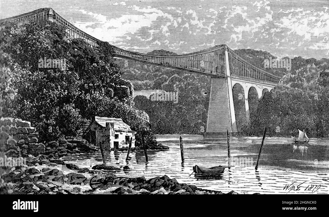 Illustration noir et blanc; pont suspendu Menai au 19th siècle (1879); conçu par Thomas telford, c'était le premier pont suspendu au monde Banque D'Images