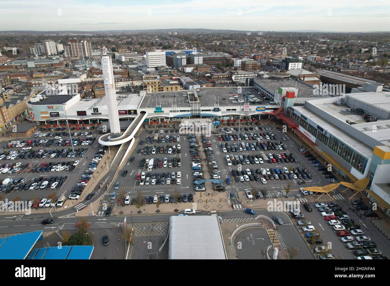 Le centre commercial de la brasserie Romford Essex, Royaume-Uni, vue aérienne Banque D'Images