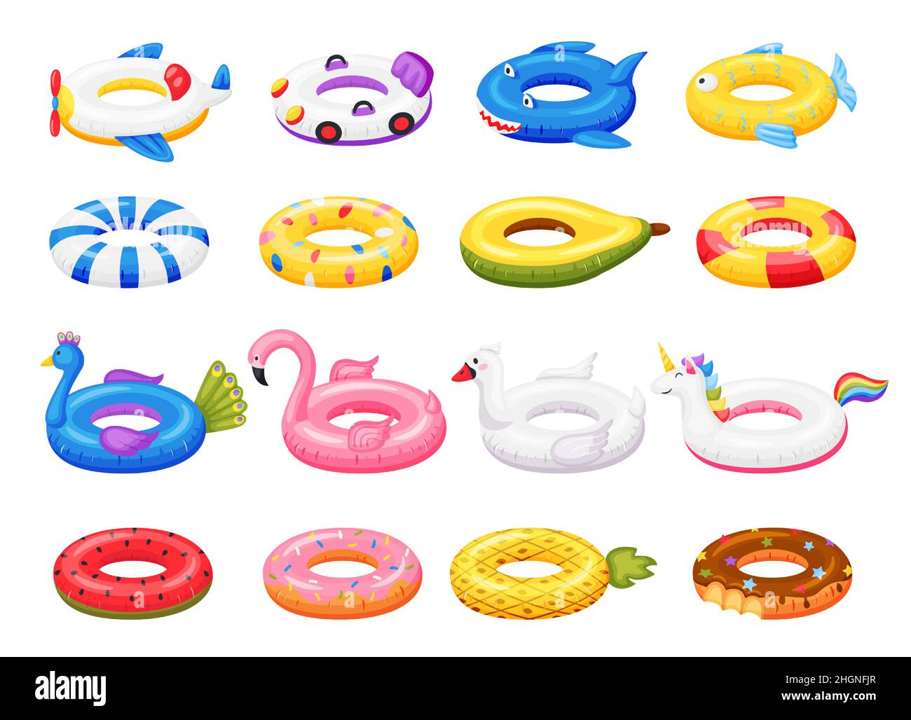 Natation anneaux en caoutchouc gonflables en forme d'animal licorne et flamants roses.Anneau float, objets gonflables pour nager, sauvetage et jouets d'été illustration Illustration de Vecteur