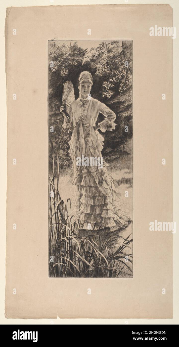 Printemps 1878 James Tissot pour cette composition étroite et verticale, Tissot s'est inspiré du format pilier des imprimés japonais hashira-e.Le cadre serré souligne la robe en cascade de la figure, un favori de l'artiste, dans laquelle il a habillé ses modèles à plusieurs reprises.Le travail appartient à une série de personnifications des saisons.Ici, la robe de mousseline blanche et la tête de fleur de pomme sont les seuls indices visuels que le sujet est une allégorie de printemps.L'utilisation d'un costume à jour pour signaler la saison relie la gravure et la peinture sur laquelle elle a été basée aux plaques de mode populaires de la Banque D'Images