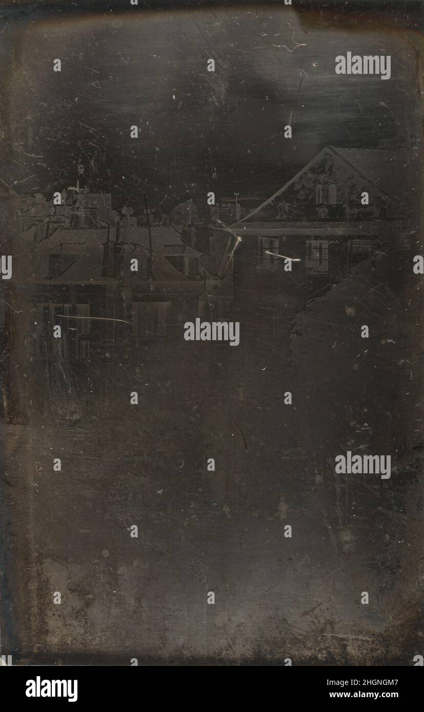 [Toits, Paris] août 22,1843 Armand-Hippolyte-Louis Fizeau le physicien français Armand Hippolyte Louis Fizeau, peut-être mieux connu pour mesurer la vitesse de la lumière,a également été au centre d'un groupe de premiers expérimentateurs photographiques qui ont tenté de reproduire le daguerréotype unique dans l'encre en transformant la plaque de cuivre argenté en une matrice imprimable, gravée.Fizeau a travaillé avec divers graveurs pour développer son processus, dont Johan Hurlimann, Augustin-François Lemaître et Louis-Henri Brévière.Brévière, imprimeur de l'imprimerie royale, est relié à Fizeau par un groupe de Banque D'Images