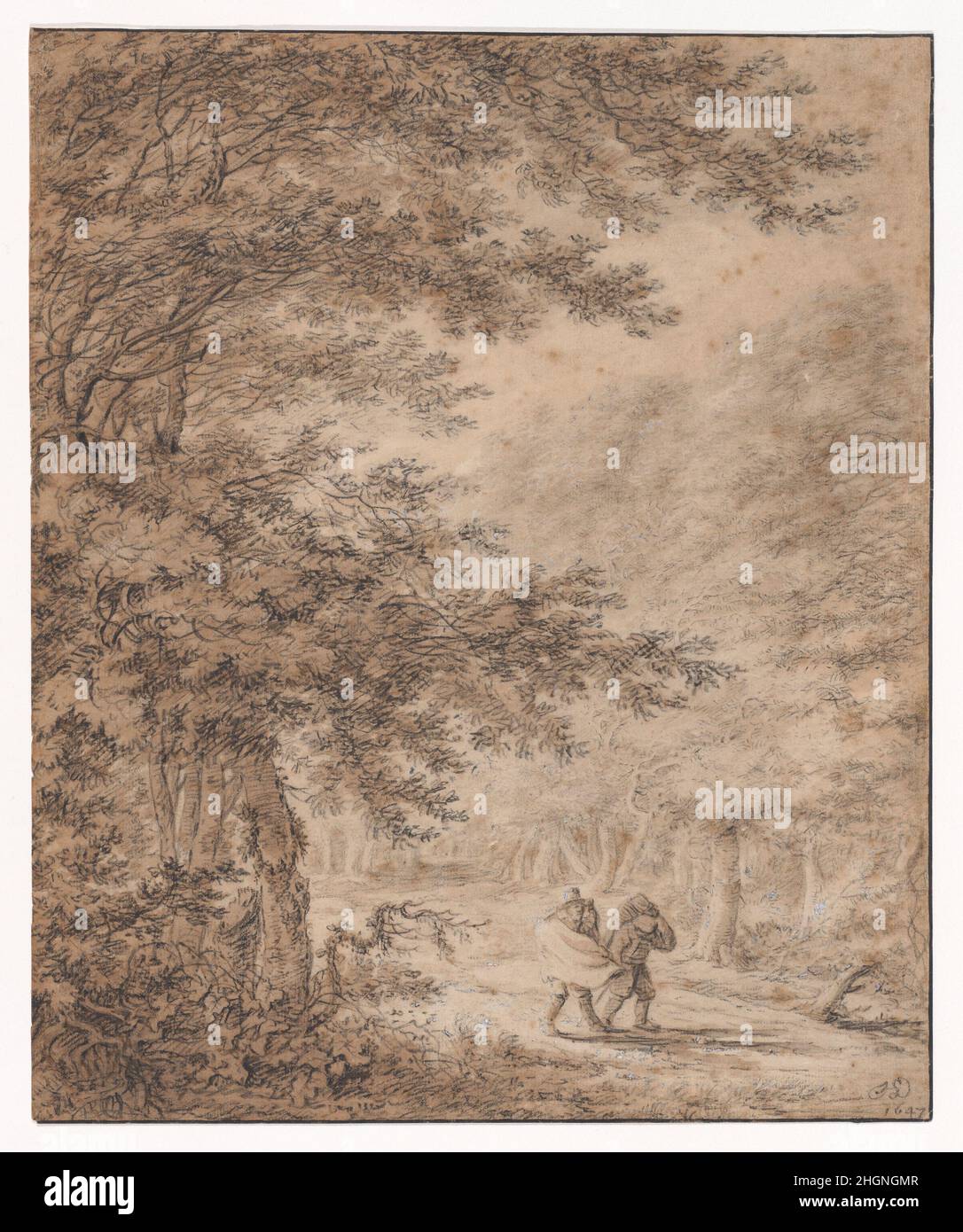 Voyageurs dans une forêt 1647 Herman Saftleven II Herman Saftleven était un dessinateur prolifique.Parmi les divers sujets qu'il a traités, il a fait de nombreux dessins de paysages inventés dessinés dans une combinaison de lavage brun et de craie noire.Cette belle feuille représentant des voyageurs qui marchent dans une forêt par un jour venteux a été rendue avec une grande liberté.Saftleven a créé la profondeur et un jeu de lumière à travers le feuillage en superposant la craie noire avec le lavage et les petites touches de blanc accentuant.Voyageurs dans une forêt.Herman Saftleven II (néerlandais, Rotterdam 1609–1685 Utrecht).1647. Craie noire Banque D'Images