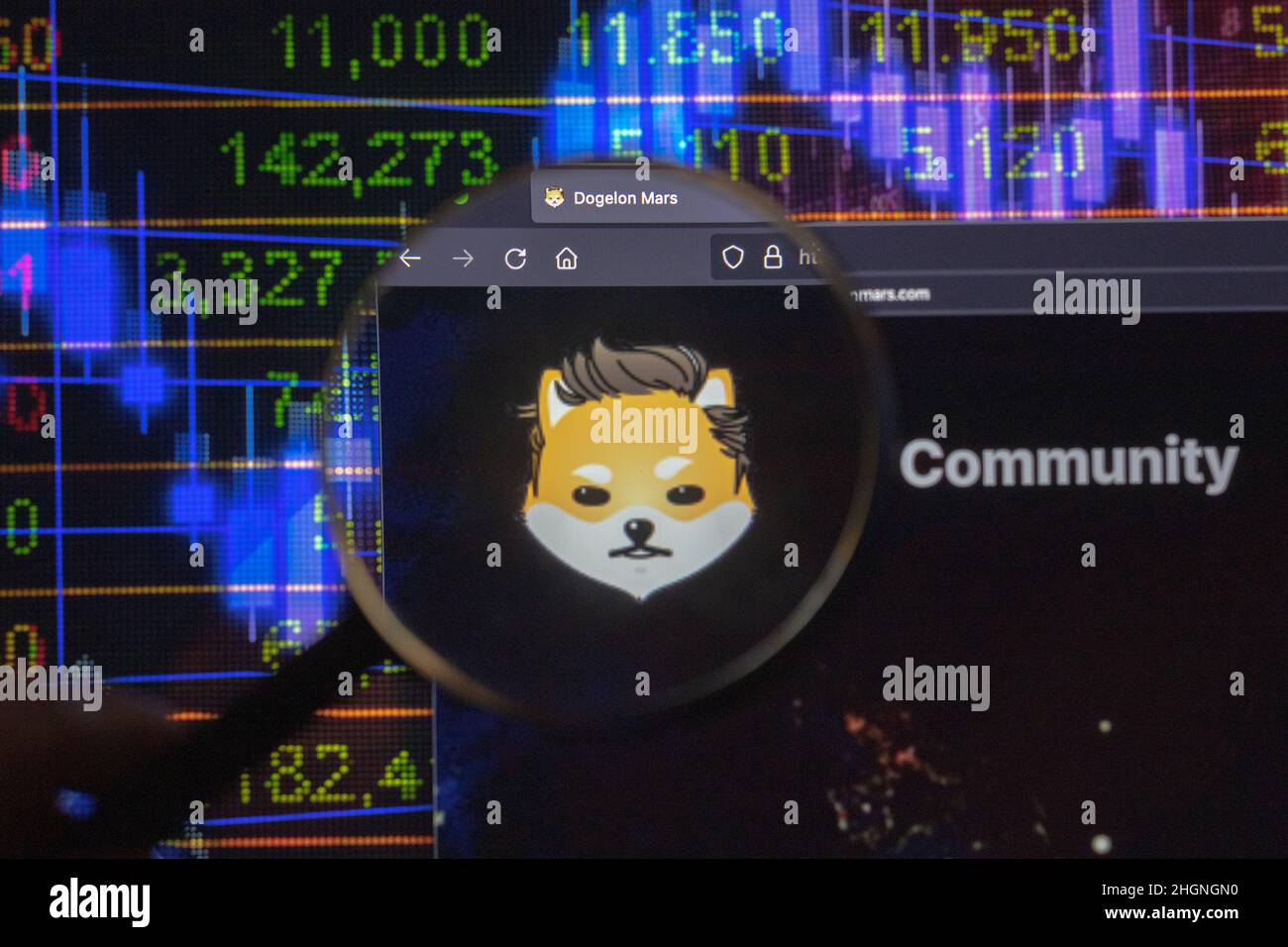 Logo de la société de crypto Dogelon Mars sur un site Web, vu sur un écran d'ordinateur à travers une loupe. Banque D'Images