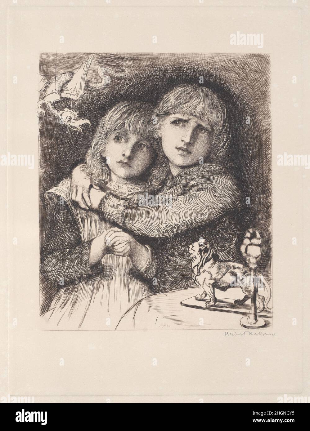 Les Babes dans le Bois 1880 Sir Hubert von Herkomer Herkomer représente ici un garçon et une fille imaginant un voyage périlleux à travers une forêt, modélisant les enfants sur sa propre fille et fils, Elsa et Siegfried.Cette preuve a été faite alors que l'artiste a préparé une gravure pour le 'The Art Journal' – publié en janvier 1881.Dans ce dernier, l'image était accompagnée d'un texte explicatif qui se lit, "les enfants de l'artiste, jouant à un jeu qui est plus connu en Allemagne qu'ici, poursuivre leur chemin à travers une forêt (représentée par l'ancien arbre familier en bois sur la table) infestée de lions, de dragons, et Banque D'Images