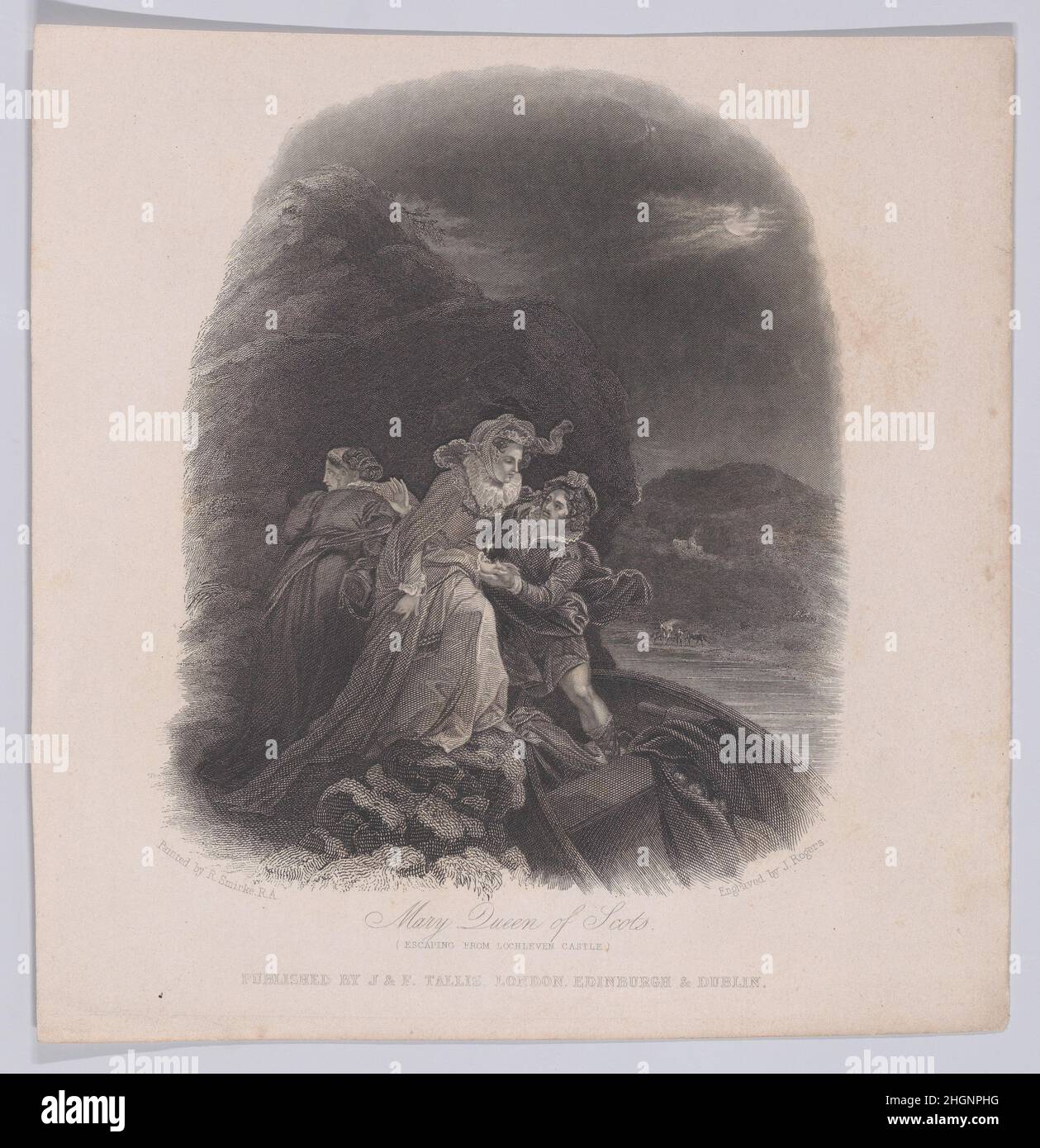 Mary, Reine des Écossais échappant du château de Lochleven (de « l'histoire de l'Angleterre ») 1830–60 John Rogers British cette gravure montre William Douglas (fils de sir William Douglas) qui aide Mary Queen des Écossais à s'échapper du château de Lochleven.Alors qu'elle y était confinée pendant onze mois en 1566-67, elle avait été forcée de s'abdiquer en faveur de son fils James.Douglas a dirigé l'évasion de la reine de la forteresse de l'île le 2 mai 1568.L'imprimé a été basé sur un tableau du XVIIIe siècle de Robert Smirke, ré-gravé ici pour illustrer l'histoire de l'Angleterre de Thomas Gaspey: Du texte de Hume and Banque D'Images