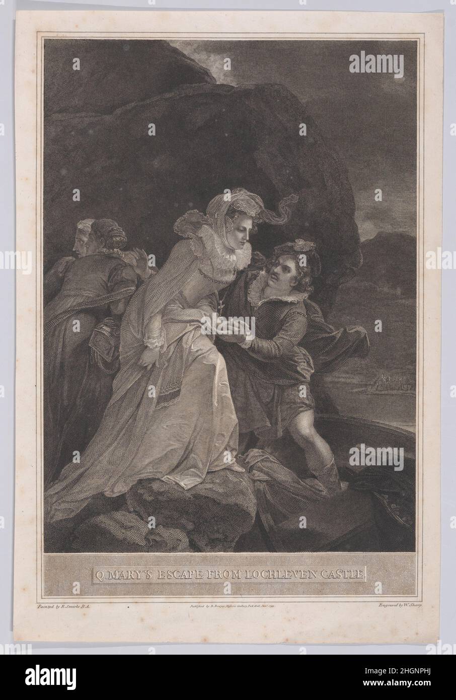 Mary, reine d'Écosse échappant au château de Lochleven (tiré de « l'histoire de l'Angleterre ») janvier 1795 William Sharp British publié dans l'édition 1806 de Robert Bowyer de « l'histoire de l'Angleterre » de David Hume.L'imprimé reproduit une grande peinture à l'huile de Smirke, exposée à la galerie historique de Bowyer, de 1793 à 1806, maintenant non localisée.Marie, Reine des Écossais, qui s'échappe du château de Lochleven (tiré de « l'histoire de l'Angleterre »).William Sharp (britannique, Londres 1749–1824 Londres).Janvier 1795.Gravure et gravure.Robert Bowyer (britannique, Portsmouth 1758–1834 Byfleet, Surrey).Mary, Reine des Écossais (Britannique, Linlit Banque D'Images