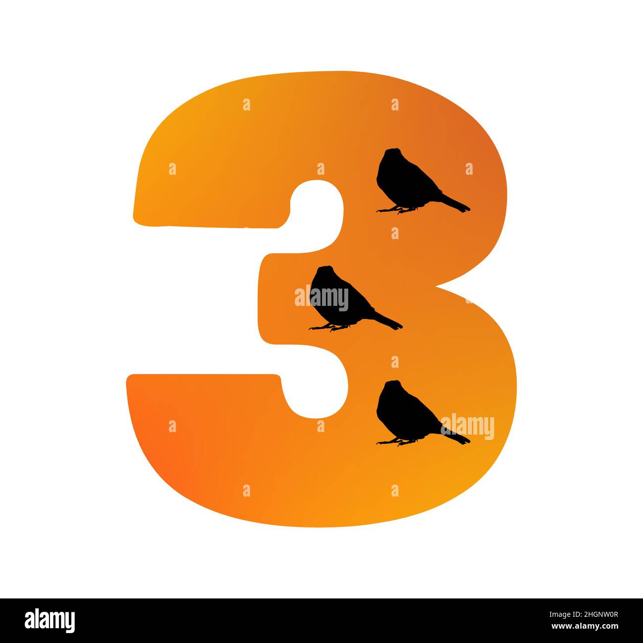 Numéro 3 de l'alphabet fait de couleur orange et trois silhouettes d'oiseaux, isolé sur un fond blanc; vecteur Illustration de Vecteur