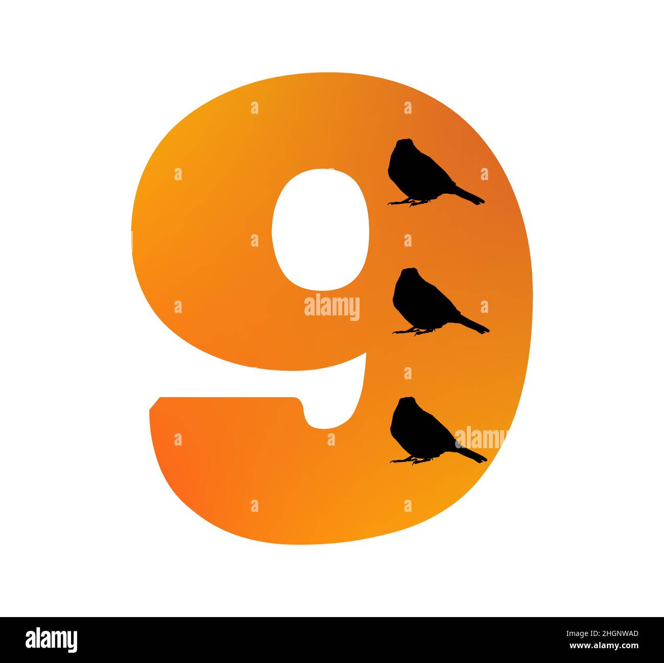 Numéro 9 de l'alphabet fait de couleur orange et trois silhouettes d'oiseaux, isolé sur un fond blanc; vecteur Illustration de Vecteur