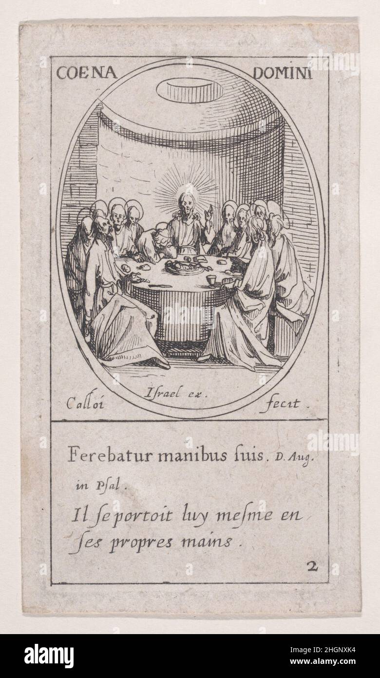 La Sainte-Cène (la dernière Cène), Maundy Thursday, d'Images des fêtes mobiles (Images des fêtes mobiles du Calendrier chrétien), faisant partie de la série les Images de tous les Saincts et Saintes de l'Année (Images de tous les Saints et événements religieux de l'année), scène 2 ca.1632 Jacques Callot French cette copie fait partie d'une série composée d'une page de titre, d'une frontispice et de 122 plaques.Chacune de ces 122 plaques contient quatre scènes ovales représentant des saints et des événements religieux pour chaque jour de l'année.Cette gravure était à l'origine l'une des quatre scènes ovales sur une plaque de la série.La sa Banque D'Images