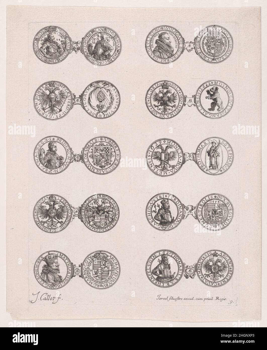 9th plaque, avec 10 pièces émises par les Princes européens aux siècles 16th et 17th, des Monnaies (les monnaies) ca.1630 Jacques Callot Français la série représente les pièces émises par les Princes européens, principalement d'Allemagne et d'Italie, aux siècles 16th et 17th.Cette plaque montre l'avant et l'arrière de 10 pièces.Ces pièces sont des portraits de princes ou d'emblèmes européens et sont reliées par une cartouche avec l'inscription 'AR' (argentum).9th plaque, avec 10 pièces émises par les Princes européens aux siècles 16th et 17th, des Monnaies (les monnaies).Les Monnaies.Jacques Cal Banque D'Images