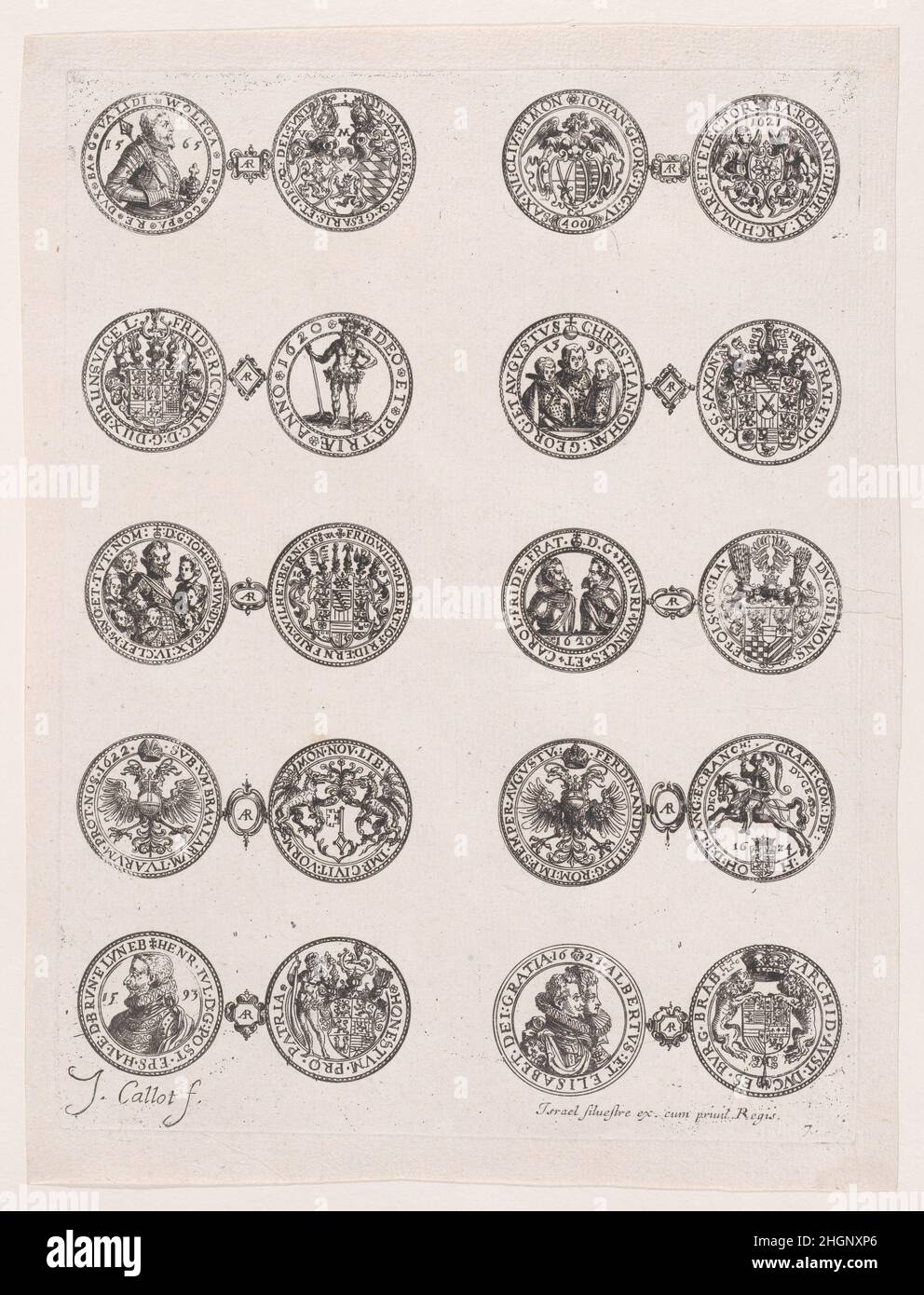 7th plaque, avec 10 pièces émises par les Princes européens aux siècles 16th et 17th, des Monnaies (les monnaies) ca.1630 Jacques Callot Français la série représente les pièces émises par les Princes européens, principalement d'Allemagne et d'Italie, aux siècles 16th et 17th.Cette plaque montre l'avant et l'arrière de 10 pièces.Ces pièces sont des portraits de princes ou d'emblèmes européens et sont reliées par une cartouche avec l'inscription 'AR' (argentum).7th plaque, avec 10 pièces émises par les Princes européens aux siècles 16th et 17th, des Monnaies (les monnaies).Les Monnaies.Jacques Cal Banque D'Images