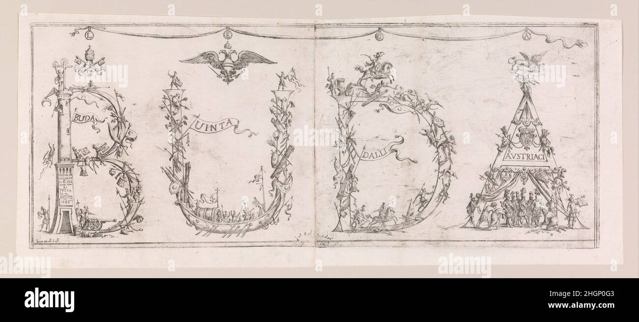 Buda conquis par les Autrichiens 1686 Giuseppe Maria Mitelli la ville hongroise de Buda a été occupée par les Turcs pendant près de 150 ans avant d'être libérée par les forces combinées des Autrichiens et des Hongrois en 1686.L'impression se fait sur deux feuilles jointes.Le mot BUDA (comme à Budapest) est construit à partir de figures contortées et de formes différentes.Il est encadré par une bordure gravée et dans la partie supérieure est le symbole de l'aigle impérial.Buda conquis par les Autrichiens 703034 Banque D'Images
