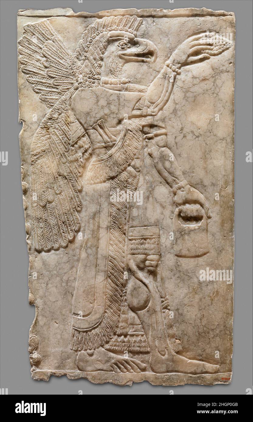 Panneau de décharge env.883–859 C.-B. Assyrien ce panneau du Palais du Nord-Ouest à Nimrud (ancien Kalhu) représente une figure surnaturelle aigée.De telles figures apparaissent dans tout le palais, parfois flanquant soit la figure du roi assyrien, soit un « arbre rouge » stylisé.Les reliefs ont été peints, mais aujourd'hui presque aucun du pigment original ne survit.Cependant, les reliefs eux-mêmes conservent des détails incroyables, y compris des motifs incisés complexes sur les vêtements de beaucoup de personnages.dans la plupart des chambres du Palais du Nord-Ouest de Nimrud, les reliefs montrant des figures magiques avaient un seul et unique regi picturale survital Banque D'Images