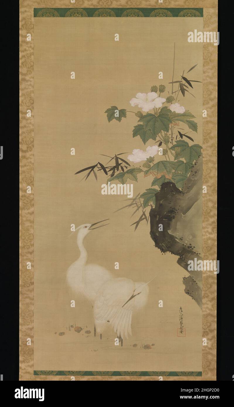 Aigrettes et Roses de coton du milieu à la fin du 17th siècle Tosa Mitsuoki les artistes japonais de l'école Tosa sont connus pour les peintures yamato-e raffinées et colorées représentant des thèmes typiquement japonais tels que des scènes de la Tale de Genji et d'autres classiques littéraires.Tosa Mitsuoki est toutefois également connue pour ses œuvres montrant des cailles avec des fleurs ou des herbes, reflétant un endettement à la peinture chinoise de la dynastie des Song du Sud.Une peinture d'oiseau et de fleur par Mitsuoki qui ne dépeint pas les cailles, comme ce rendu de deux aigrettes avec des roses de coton, est donc assez rare.cette suspension scr Banque D'Images