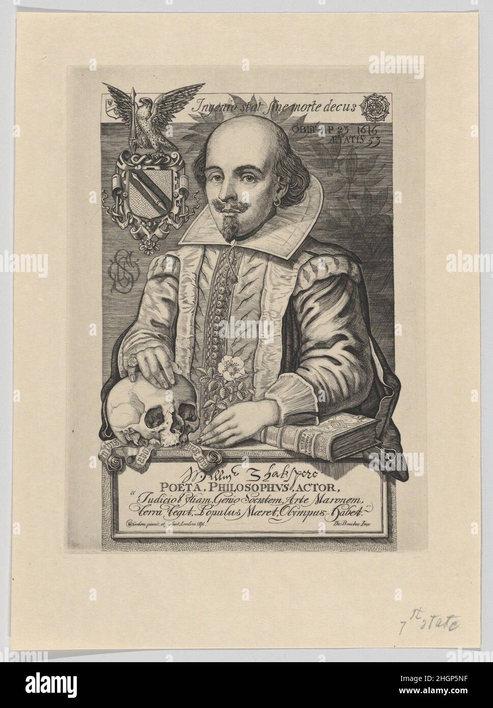 William Shakespeare 1876 Charles William Sherborn dérivé de la célèbre effigie sculptée de l'église de la Sainte-Trinité à Stratford-upon-Avon, ce portrait montre Shakespeare portant un doublet, collier ailé, boucle d'oreille et bouée.Les lauriers derrière la tête forment un halo séculaire, et le sujet est entouré d'objets emblématiques : un crâne, une rose Tudor et un volume appelé « Comedia, Tragedia, Poesia », avec une plaque en dessous de laquelle le Bard est loué comme poète, philosophe et acteur.Connu sous le nom de « petit maître victorien », Sherborn a travaillé pour des orfèvres suisses avant de retourner à Londres pour mener une renaissance de la b gravée de cuivre Banque D'Images