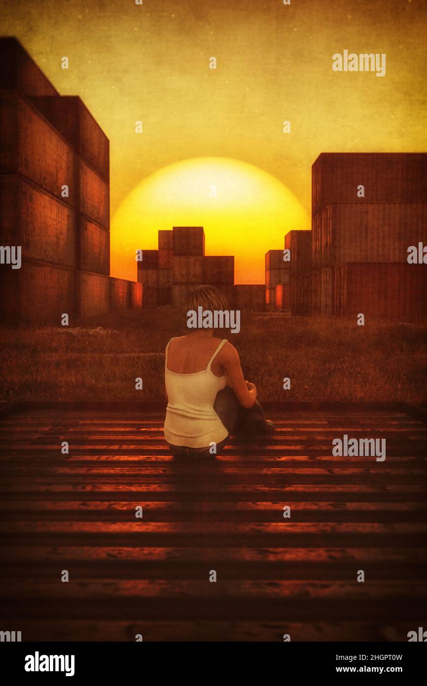 Femme stat sur un conteneur de cargaison regardant le coucher du soleil (illustration 3D) Banque D'Images