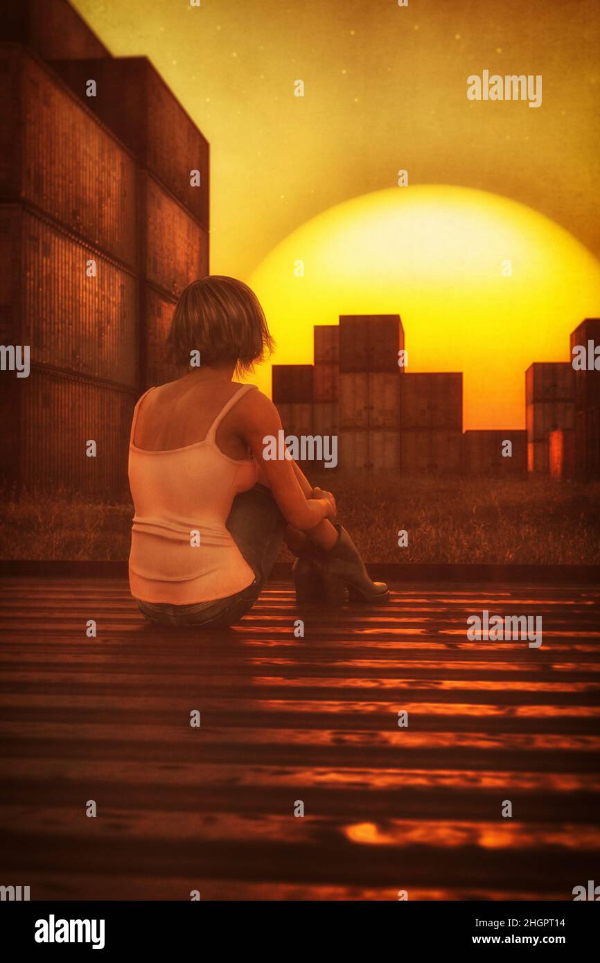 Femme stat sur un conteneur de cargaison regardant le coucher du soleil (illustration 3D) Banque D'Images