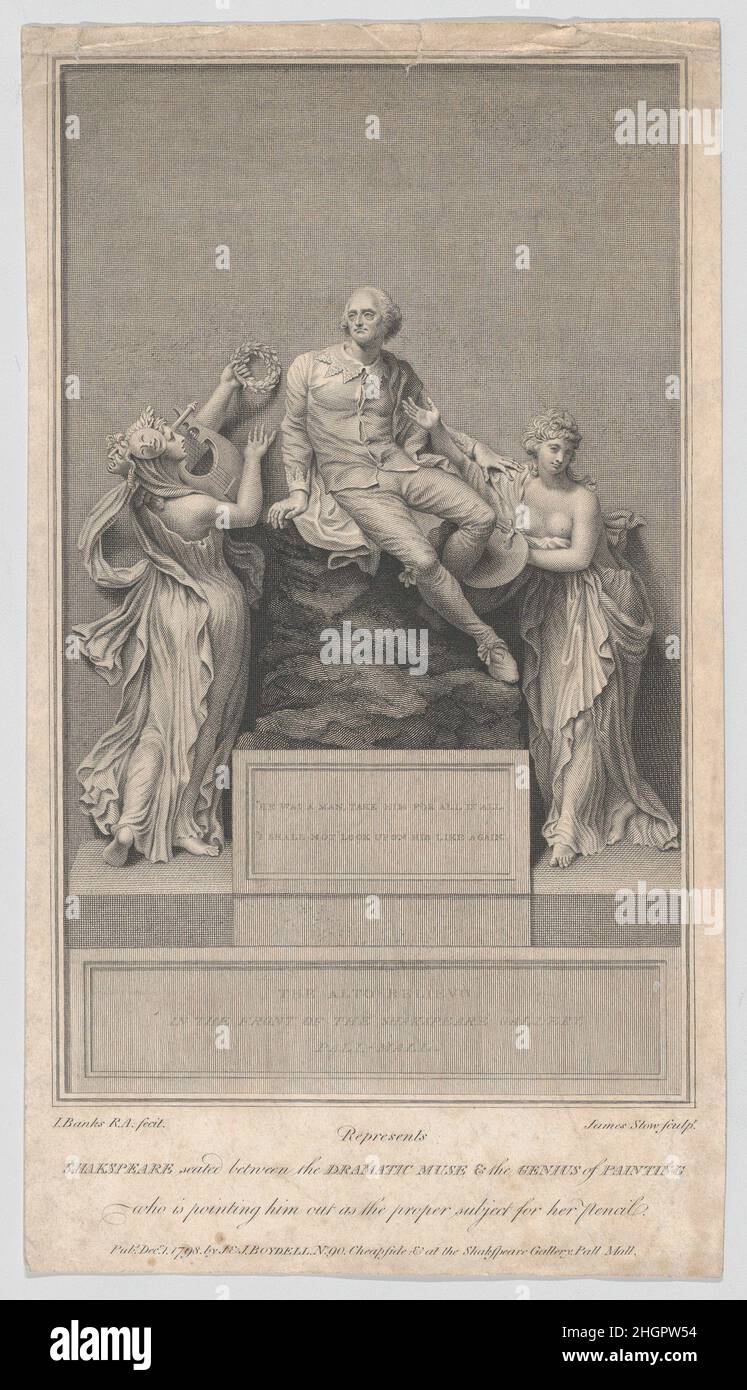 Shakespeare assis entre la Muse dramatique et le Genius de la peinture,Qui le souligne comme le sujet de son crayon 1797 James Stow cette pièce maîtresse de l'édition 1797 de Boydell de 'Shavespeares' Works reproduit une sculpture de Joseph Banks qui orne la façade de la Shakespeare Gallery sur le Pall Mall de Londres.Le dramaturge se trouve entre la muse dramatique, qui le laude avec une couronne de lyre et de Laurier, et une représentation allégorique de peinture.Ouverte en 1788, la galerie contenait environ 170 tableaux de sujets issus des pièces peintes par des artistes londoniens.Lorsque Na Banque D'Images