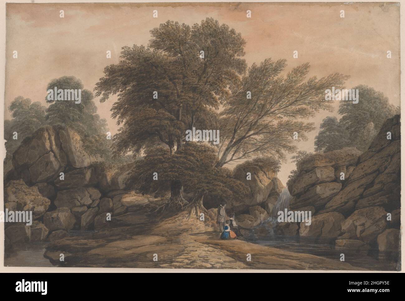 Figures à côté d'une chute d'eau et d'une piscine dans un paysage boisé 1812 John Varley en tant que membre fondateur de la Société des peintres en couleurs d'eau, Varley a profondément influencé le développement du milieu dans la Grande-Bretagne du XIXe siècle.Il a élevé son statut dans les expositions et, en tant qu'enseignant populaire et auteur de manuels d'instruction largement lus, a influencé des centaines d'étudiants.Ce travail est principalement exécuté en monochrome avec quelques touches de couleur, et offre un aperçu rare du style de Varley, qui est devenu codifié et parfois répétitif en milieu de carrière.Elle est composée de mouvements fluides et de couches de ton Banque D'Images