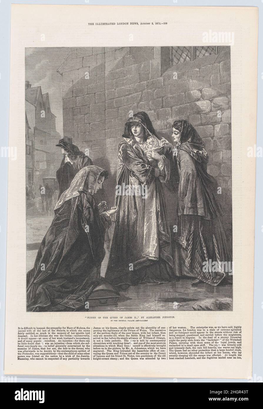 Vol de la reine de James II, de 'Illustrated London News' 3 août 1872 Richard principal Leitch Mary de Modène, la reine de James II, se prépare ici à quitter l'Angleterre pour la France avec son fils bébé (le prince James Francis Edward Stuart).Son mari s'est déjà enfui avant l'avance de Guillaume d'Orange (ce dernier sera bientôt couronné Guillaume III avec sa femme Marie II (la fille de Jacques II par son premier mariage).Ce changement spectaculaire serait surnommé la « Révolution glorieuse » et garantissait la succession d'un monarque protestant en Grande-Bretagne.En décembre 1688, alors que la reine quittait le palais de Whitehall Banque D'Images