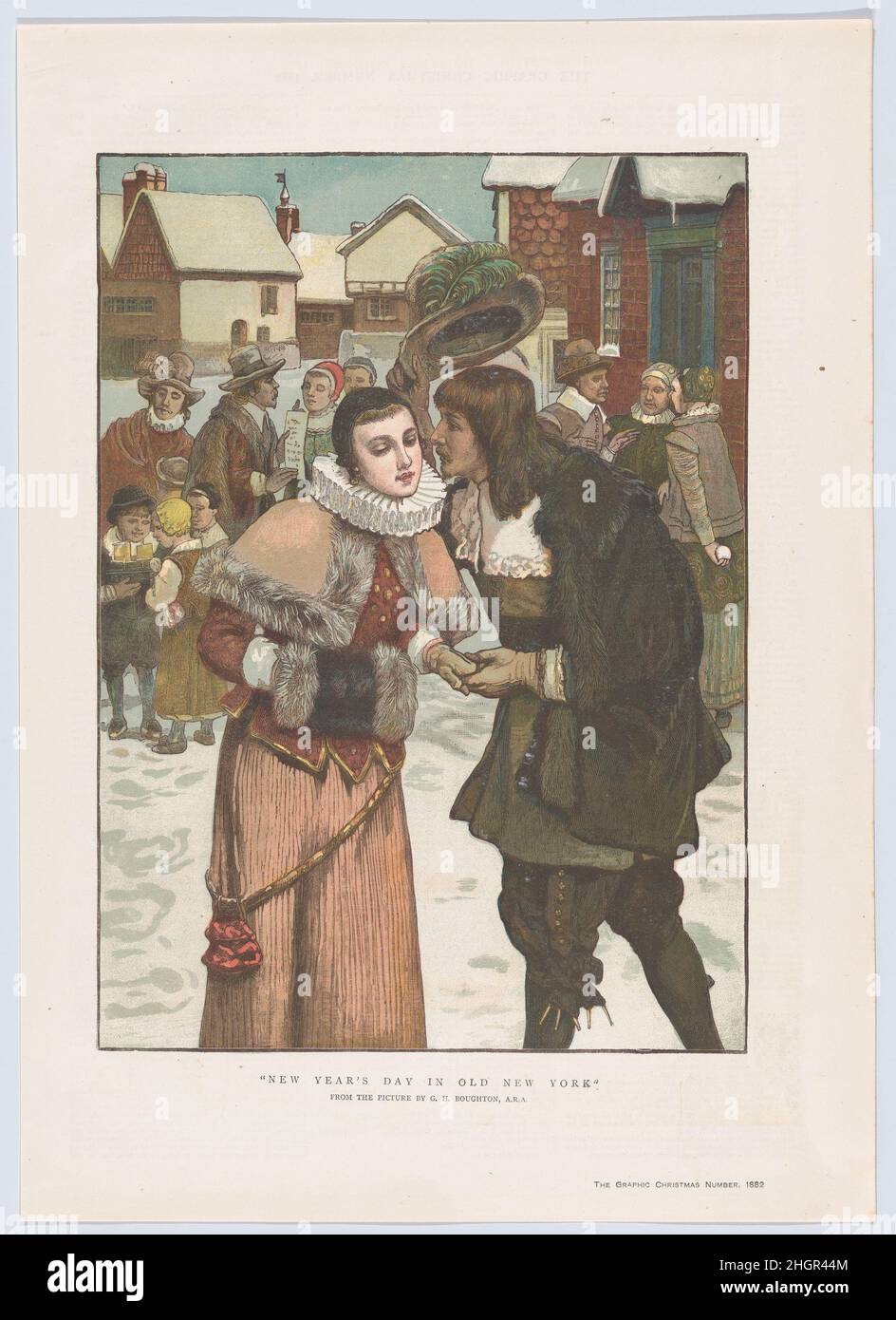 Le jour de l'an dans le Vieux New York, du numéro de Noël « The Graphic » le 2 décembre 1882 après que George Henry Boughton Boughton ait fait son nom avec des sujets coloniaux américains et a exposé des exemples à Londres et à New York de 1860s à 1890s.L'image actuelle de 1882, imagine New York peu de temps après que les Britanniques ont pris le relais des Néerlandais en 1675 (en 1876, Boughton avait peint le « nouvel an à New Amsterdam », autour de 1640).'The Graphic' a choisi ce sujet pour une gravure en bois imprimée en couleur, l'un de ceux qu'ils ont publié chaque année comme une prime pour les lecteurs à Noël, et l'image cent Banque D'Images