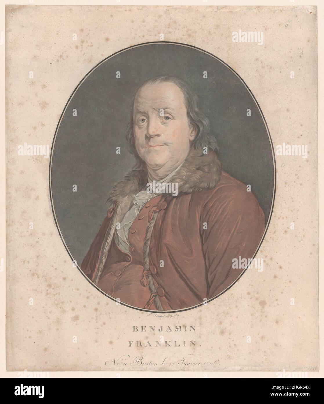 Benjamin Franklin 1789 Jean François Janinet.Benjamin Franklin.Après Joseph Siffred Duplessis (français, Carpentras 1725–1802 Versailles).1789. Couleur aquatinte avec coloration à la main.Jean François Janinet (français, Paris 1752–1814 Paris).Benjamin Franklin (américain, 1706–1790).Imprime Banque D'Images