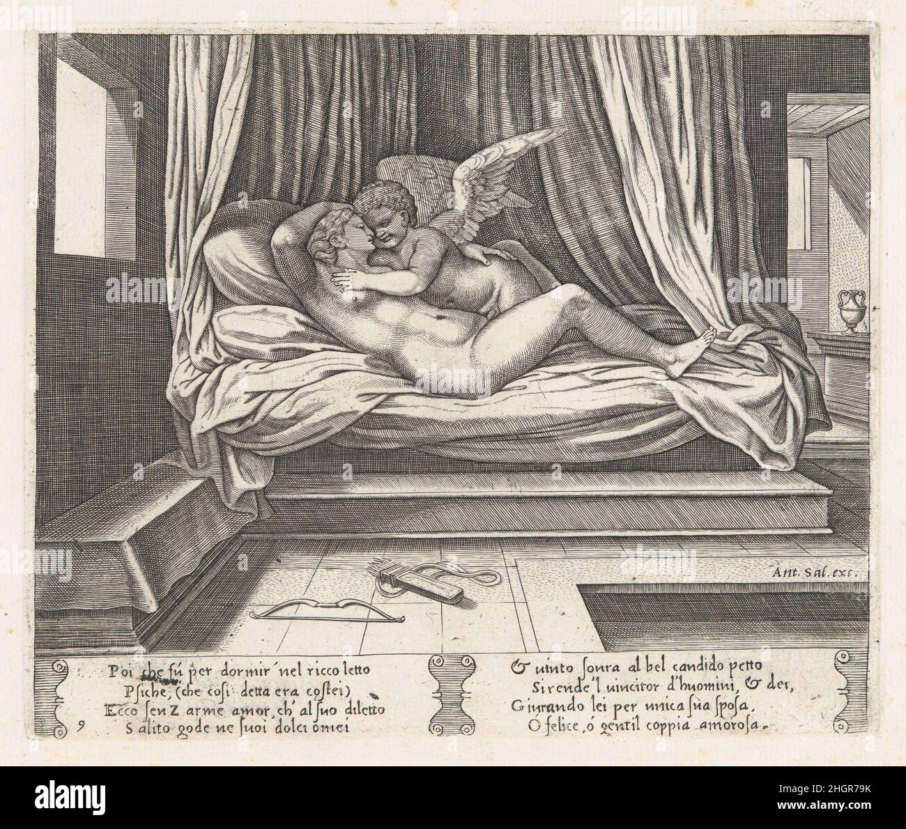Assiette 9: Cupid et psyché sur un lit, de l'histoire de Cupid et psyché comme dit par Apuleius 1530–60 Maître de la Die italienne ce livre contient 32 plaques reliées ensemble, dont 3 sont par Agostino Veneziano.Assiette 9: Cupidon et psyché sur un lit, de l'histoire de Cupidon et psyché, comme l'a dit Apuleius.L'histoire de Cupidon et psyché telle que racontée par Apuleius.Maître de la Die (italien, active Rome, ca.1530–60).1530–60.Gravure.Antonio Salamanca (Salamanque 1478–1562 Rome).Imprime Banque D'Images
