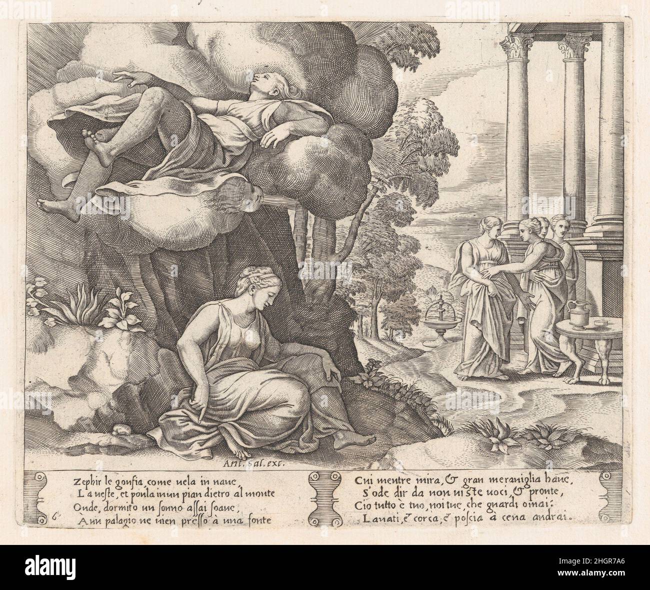 Assiette 6: Zephyr portant psyché à un palais enchanté, de l'histoire de Cupid et psyché comme dit par Apuleius 1530–60 Maître de la Die italienne ce livre contient 32 plaques reliées ensemble, dont 3 sont par Agostino Veneziano.Assiette 6: Zephyr portant psyché à un palais enchanté, de l'histoire de Cupid et psyché comme dit par Apuleius.L'histoire de Cupidon et psyché telle que racontée par Apuleius.Maître de la Die (italien, active Rome, ca.1530–60).1530–60.Gravure.Antonio Salamanca (Salamanque 1478–1562 Rome).Imprime Banque D'Images