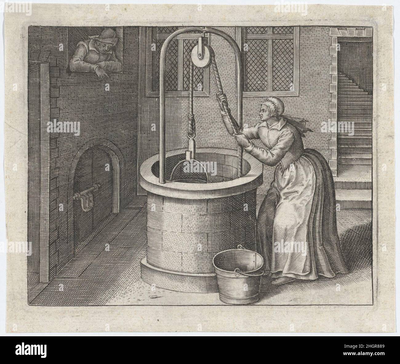 Enigmes Joyeuse pour les Bons Esprits, planche 9 env.1615 Jan van Haelbeeck dernière plaque d'un groupe de 9 plaques avec de petites scènes domestiques, gravées par Jan van Haelbeeck, qui ont été faites pour,Ou réutilisée par Jean Leclerc vers 1615 dans la série sonnet «Enigmes Joyeuse pour les Bons Esprits», dans laquelle elles ont été publiées chacune avec un sonnet qui a évoqué la double signification des activités.Dans cette assiette, une femme de classe ouvrière tire un seau d'eau d'un puits de pierre, alors qu'un homme la regarde d'une fenêtre dans l'un des bâtiments qui l'entourent.La plupart des plaques de la série Banque D'Images