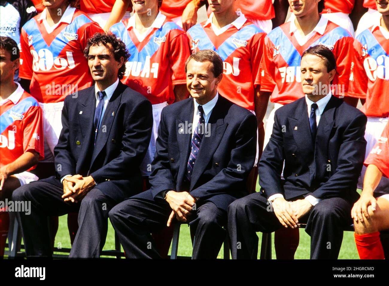 Archives 90ies : Raymond Domenech, Jean-Michel Aucas et Bernard Lacombe, responsables du club de football de Lyon, Olympique Lyonnais (OL), Lyon, France Banque D'Images