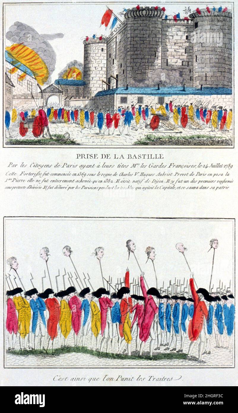 Une illustration française de la prise de la Bastille le 14th juillet 1789, montrant la foule avec les têtes décapitées sur de longs poteaux Banque D'Images