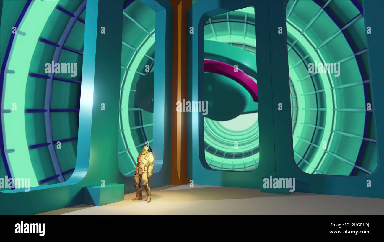 3D illustration - personnes dans couloir d'espace futuriste, salle Banque D'Images