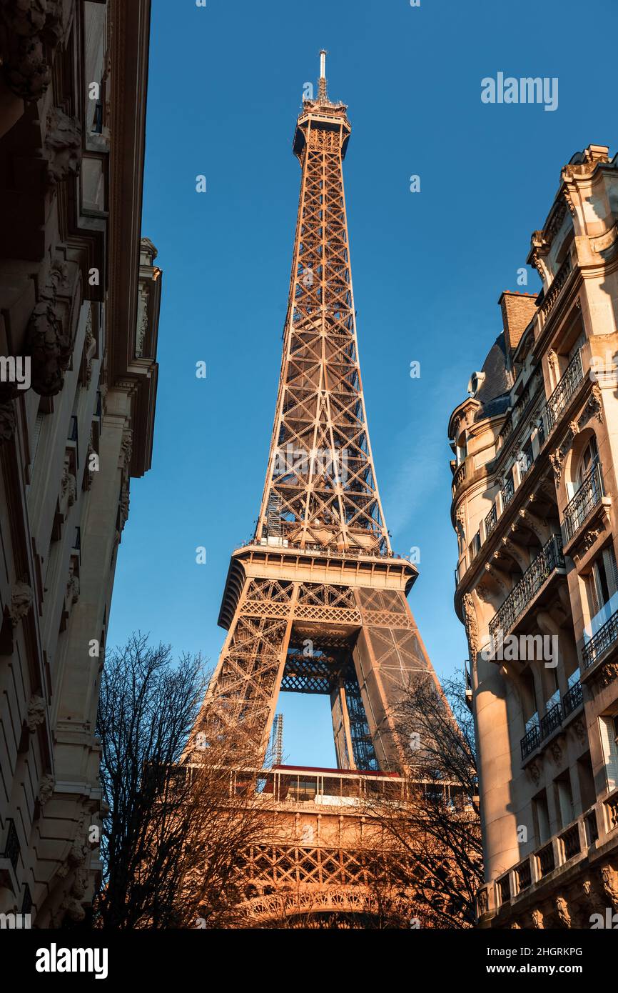 La Tour Eiffel et des bâtiments résidentiels typiques au premier plan.La Tour Eiffel est l'un des monuments les plus emblématiques de Paris.Architecture et point de repère Banque D'Images