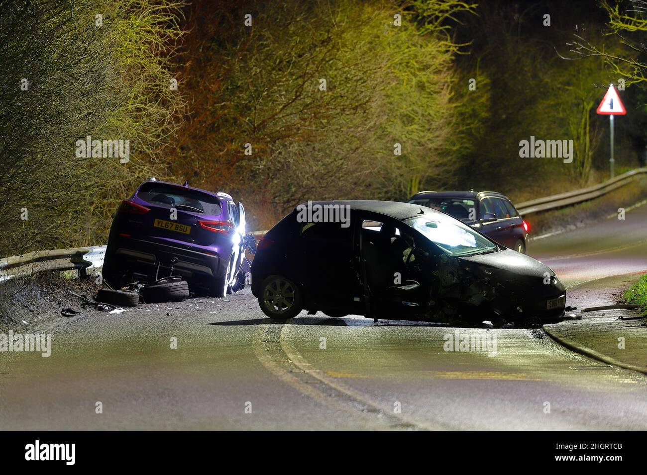 Épave d'une collision routière sur Aberford Road à Swillington, West Yorkshire. Banque D'Images