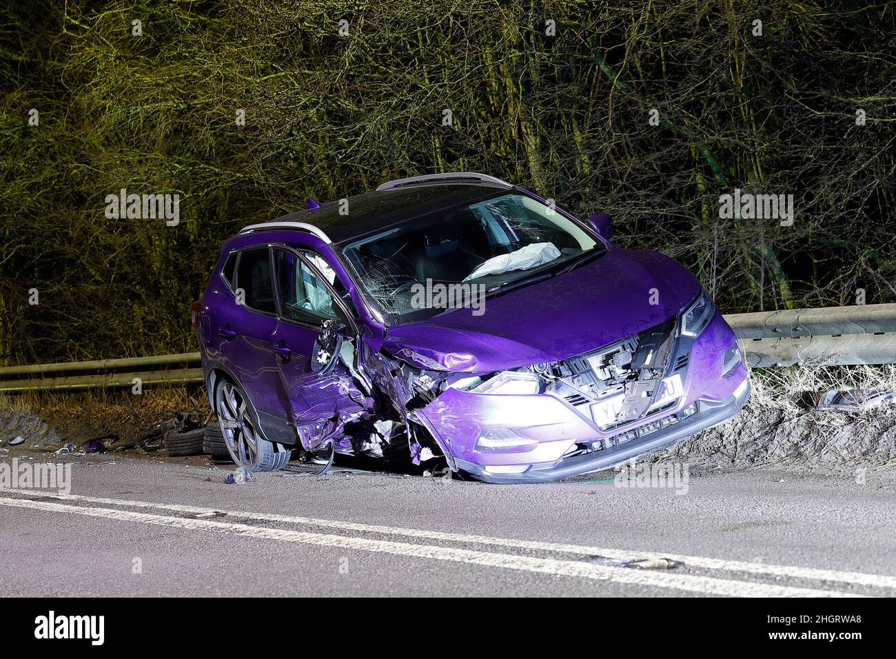 Épave d'une collision routière sur Aberford Road à Swillington, West Yorkshire. Banque D'Images