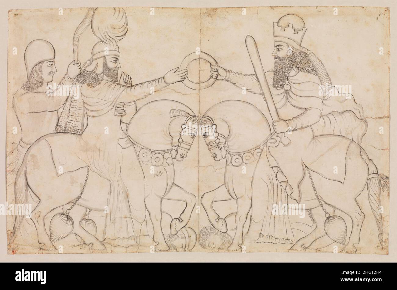 Dessin de relief de roche sasanienne: Ardashir I (r.A.D. 224-241) et la divinité zoroastrienne Ohrmadd [Ahura Mazda] à Naqsh-i Rustam, dans le sud de l'Iran ca.A.D. 1812 Lutf-'Ali Shirazi ce dessin d'un relief rocheux sasanien à Naqsh-i Rustam, Iran, dépeint l'investiture d'Ardashir I (r.224-241), qui reçoit l'anneau de mandat d'Ahura Mazda, le Dieu suprême zoroastrien.Le roi et dieu sont tous deux à cheval; le dieu porte un caftan, le prestigieux costume d'équitation de l'époque sasanienne, et son porte-fan se tient derrière lui.Les chevaux piétinent les corps du dernier roi Parthien, Ardavan, et le Banque D'Images