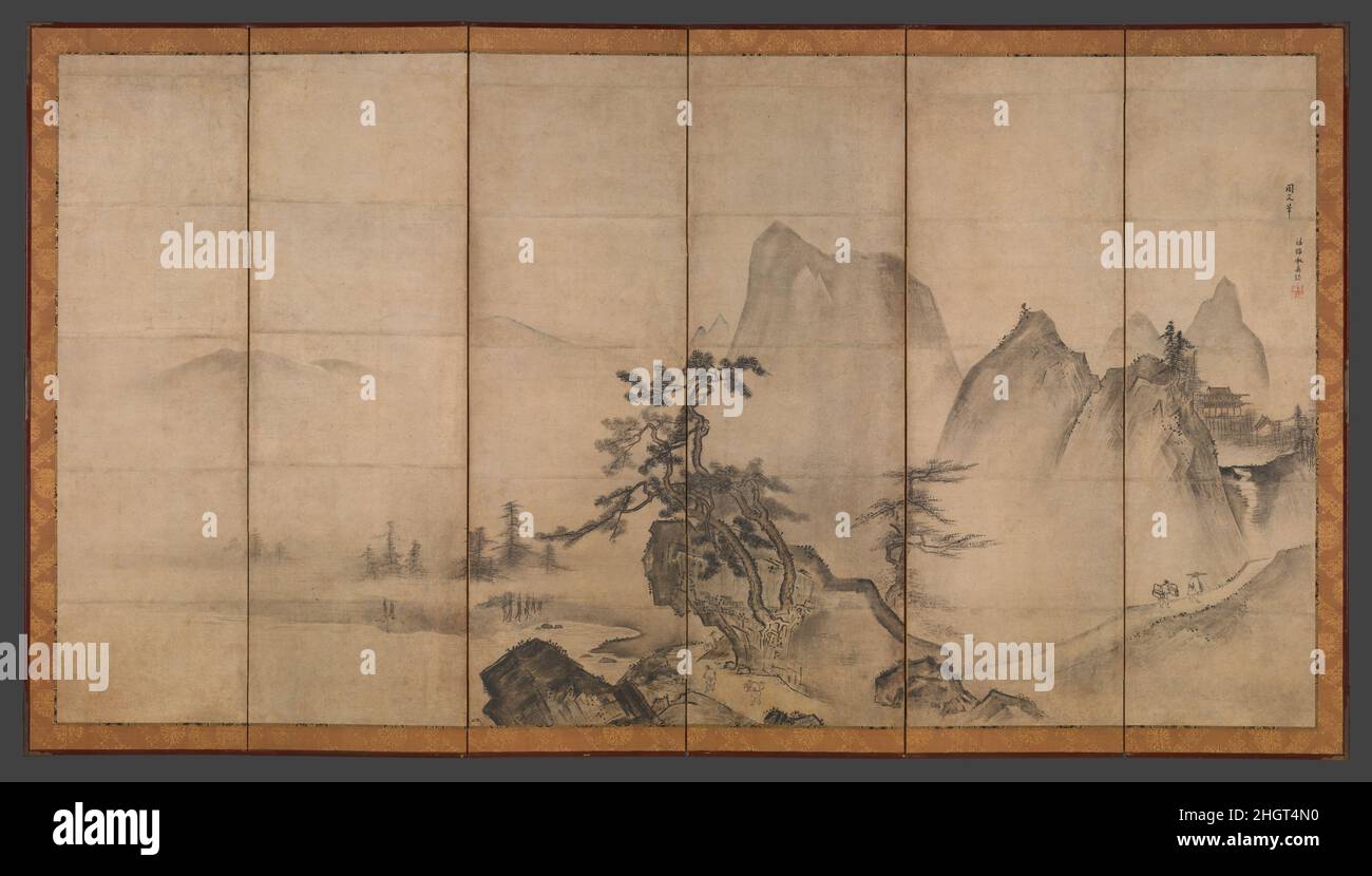Paysage de montagne du début au milieu du 15th siècle traditionnellement attribué à Tensh?SH?bun à la fin du Moyen-âge de Kyoto, les élites culturelles dans le cercle des shoguns d'Ashikaga étaient particulièrement intéressées par les peintures à l'encre chinoise.Ils collectaient avec voracence des œuvres de maîtres chinois et commandaient des peintres japonais pour créer des œuvres dans le style de leurs ancêtres chinois.Les compositions qui composent cette paire d'écrans sont inspirées par le peintre de cour chinois de Southern Song Xia GUI (active ca.1195–1230), dont les œuvres ont été très prisées au Japon médiéval.Formes rocheuses décrites avec des lignes de contour épaisses, textu Banque D'Images