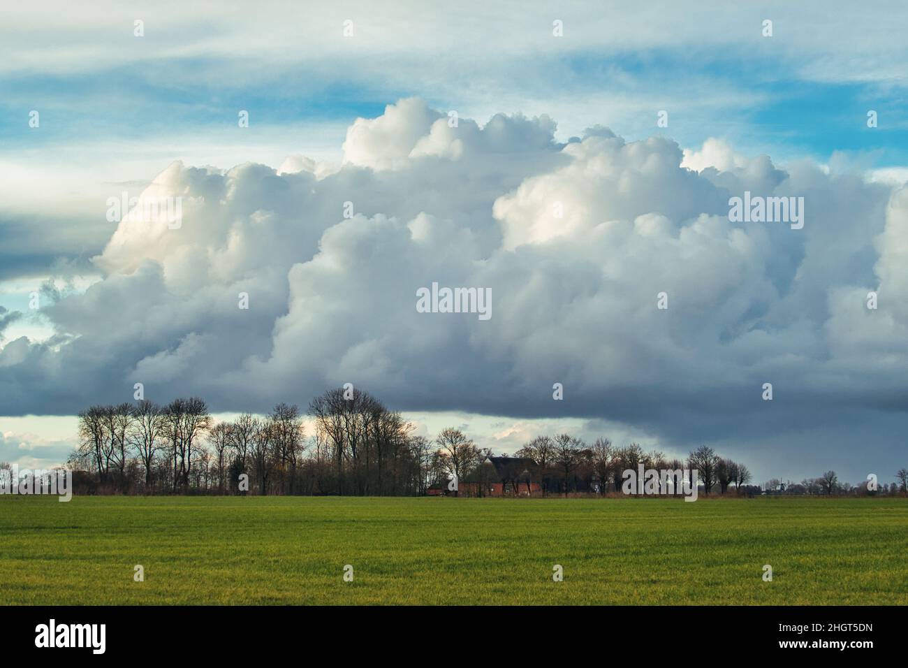 Terres agricoles et fermes, entourées d'arbres, sous d'impressionnants nuages, dans la province agricole néerlandaise de Groningen. Banque D'Images