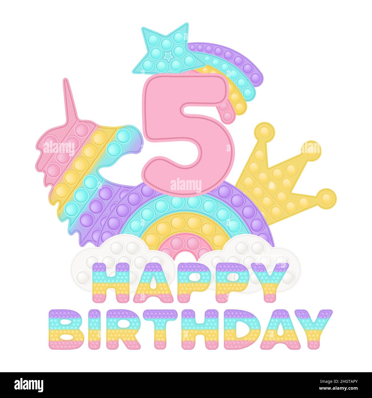 Happy 5th Birthday cinquième years Pop IT topper ou sublimation imprimé pour t-shirt en style un jouet en silicone tendance pour les mégosses.Nombre rose, unicorn, c Illustration de Vecteur