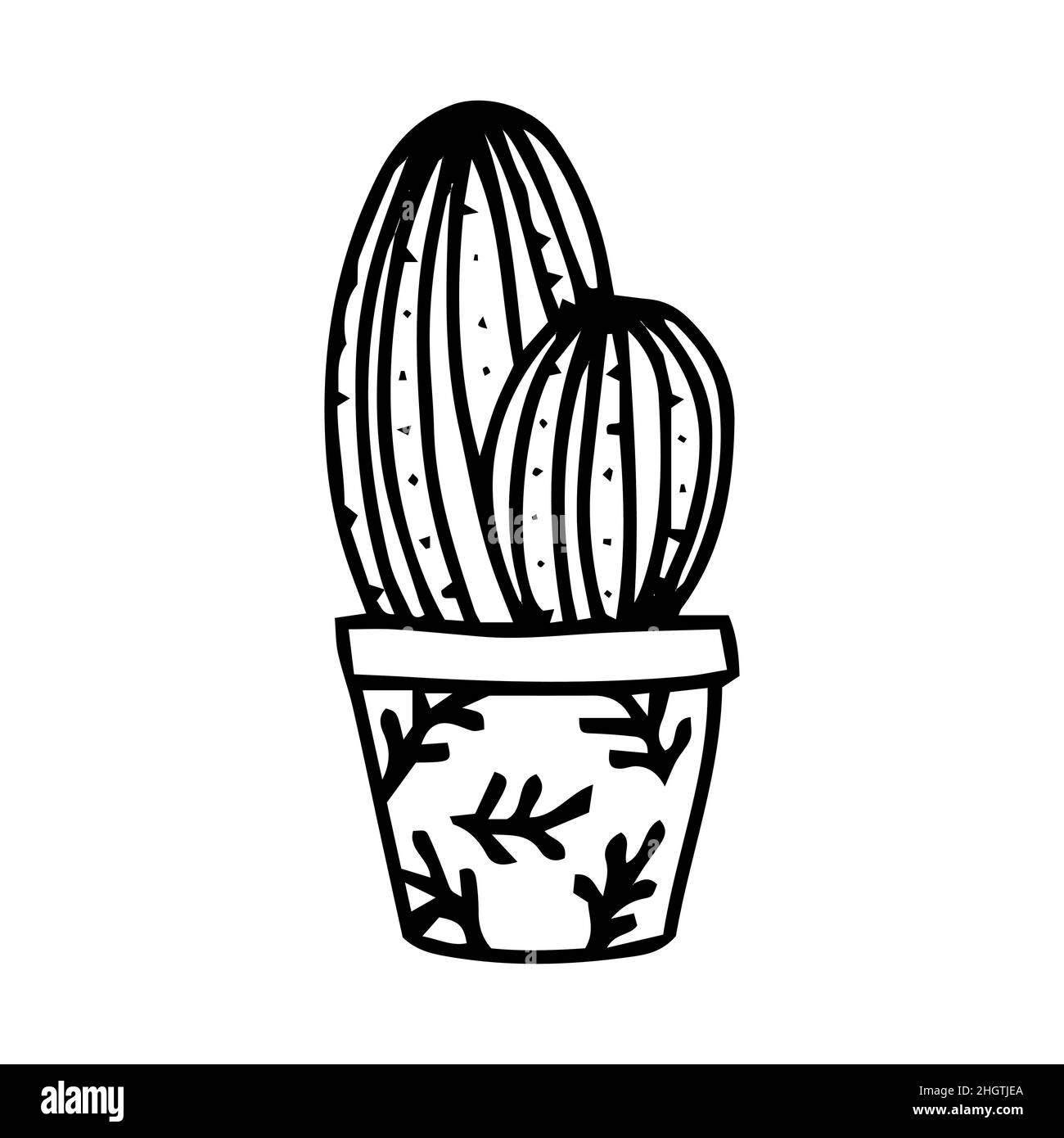 Cactus à nouilles dessinés à la main dans un pot. Vecteur décoratif cactus d'intérieur et de bureau. doodle plantes illustration isolée sur un fond blanc. Logo Illustration de Vecteur