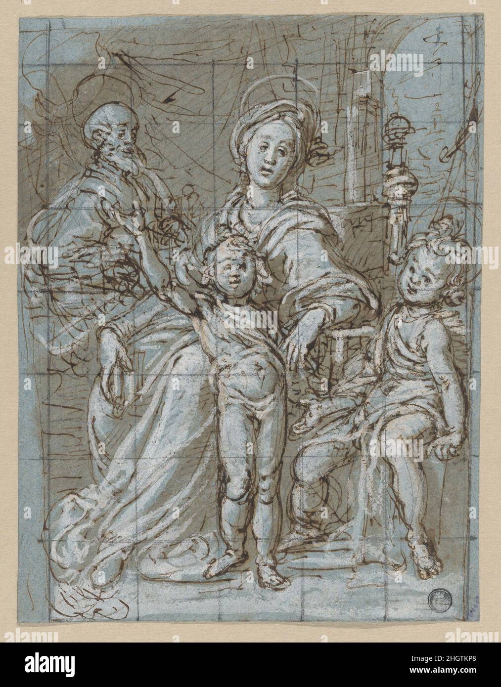 Sainte famille avec le bébé Saint-Jean-Baptiste (recto); grandes ébauches de draperies et de jambes (verso) 1590–92 Gregorio Pagani.Sainte famille avec le bébé Saint-Jean-Baptiste (recto); grandes ébauches de draperies et de jambes (verso).Gregorio Pagani (italien, Florence, 1558–1605).1590–92.Stylo et encre brune, pinceau et lavage brun, surligné de gouache blanc, sur la craie noire; carré de craie noire pour le transfert; sur papier bleu (recto); craie noire (verso).Mises en plan Banque D'Images