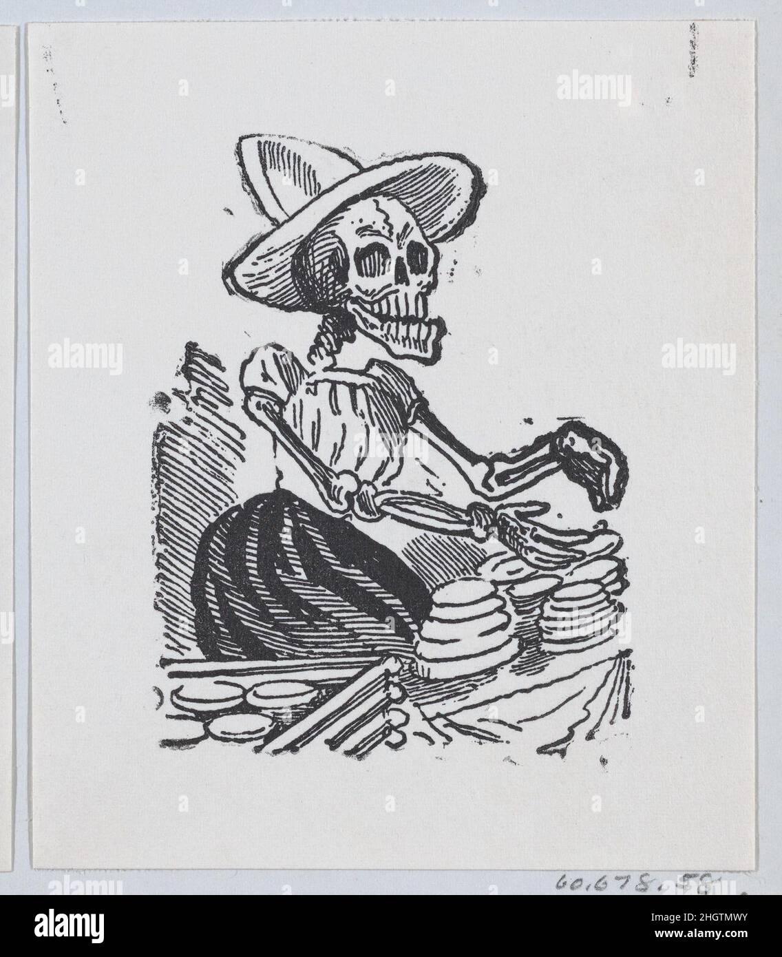 Un squelette vendant du fromage d'un grand côté intitulé 'una Calavera Chusca' ca.1880–1910 José Guadalupe Posada.Un squelette vendant du fromage d'un grand côté intitulé « una Calavera Chusca ».José Guadalupe Posada (mexicain, 1851–1913). Env.1880–1910.Gravure en bois.Imprime Banque D'Images