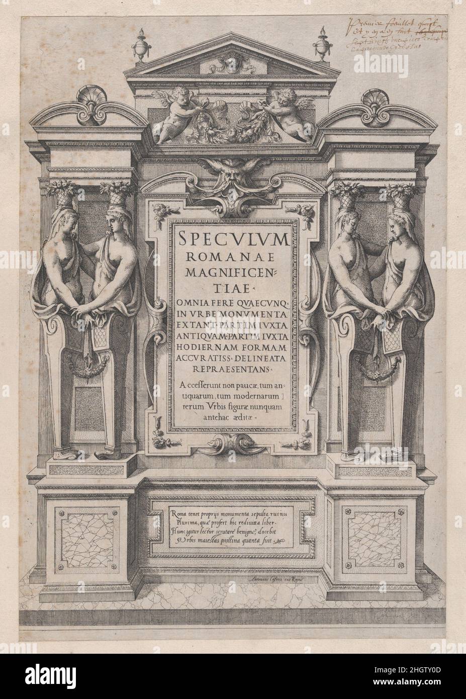 Spéculum Romanae Magnificatiae : page de titre gravée dans une bordure architecturale et sculpturale 1573–77 Etienne DuPérac Français cette impression provient de la copie du musée du spéculum Romanae Magnificatiae (le miroir de la magnificence romaine) le spéculum a trouvé son origine dans les activités de publication d’Antonio Salamanca et d’Antonio Ladreri.Au cours de leur carrière dans l'édition romaine, les deux éditeurs étrangers - qui ont travaillé ensemble entre 1553 et 1563 - ont lancé la production de tirages d'œuvres d'art, d'architecture et de vues de ville liées à Rome antique et moderne.Les tirages peuvent être achetés Banque D'Images