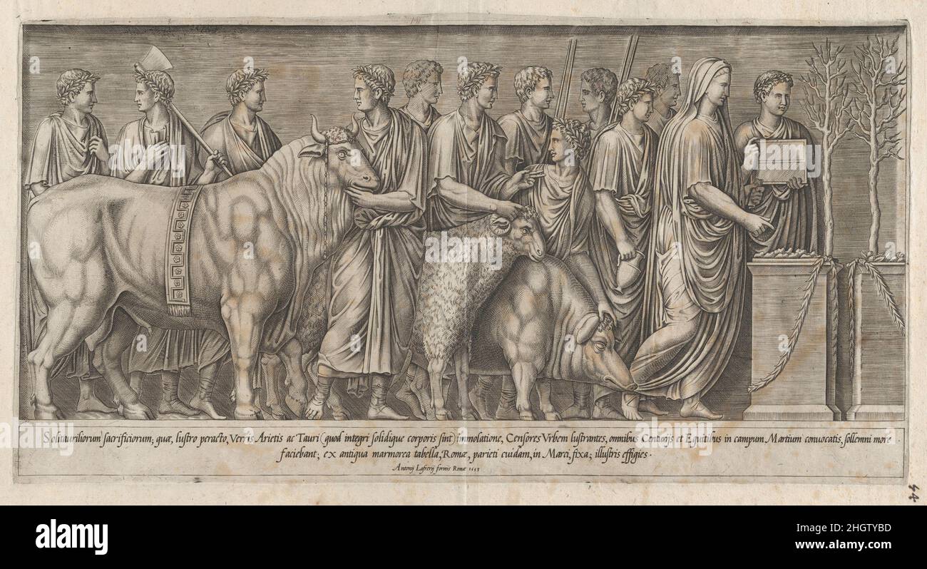 Spéculum Romanae Magnificatiae : sacrifice sur le Campus Martius 1553 Anonyme cette impression provient de la copie du musée du spéculum Romanae Magnificatiae (le miroir de la magnificence romaine) le spéculum a trouvé son origine dans les activités d’édition d’Antonio Salamanca et d’Antonio Ladreri.Au cours de leur carrière dans l'édition romaine, les deux éditeurs étrangers - qui ont travaillé ensemble entre 1553 et 1563 - ont lancé la production de tirages d'œuvres d'art, d'architecture et de vues de ville liées à Rome antique et moderne.Les tirages pourraient être achetés individuellement par les touristes et les collectionneurs, mais nous Banque D'Images